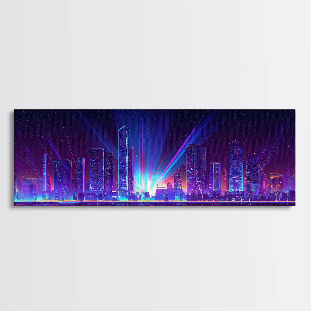 Neon Laser City Skyline At Night Wall Art, Cyberpunk Modern Art Print, Blue Purple Futuristic Decor, Large Canvas Print, Poster