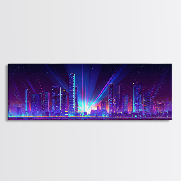 Neon Laser City Skyline At Night Wall Art, Cyberpunk Modern Art Print, Blue Purple Futuristic Decor, Large Canvas Print, Poster