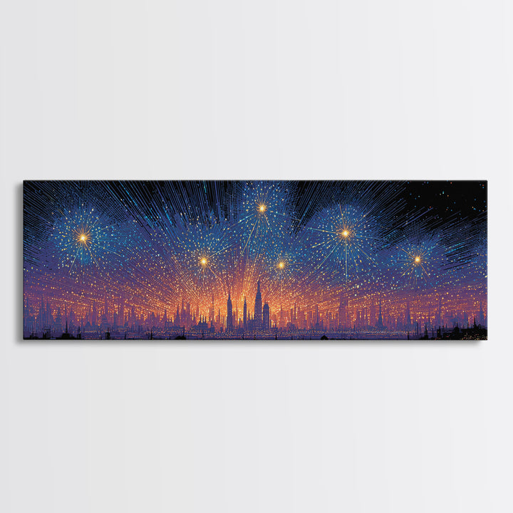 Starry Digital Fireworks Above Distant Skyline Wall Art, Modern Abstract Art Print, Futuristic Night Decor, Canvas Print