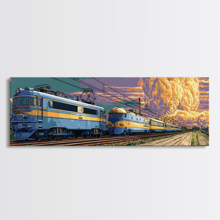 Blue Electric Trains Canvas Print, Atomic Explosion Rail Scene, Midcentury Modern Wall Art, Retro Sci Fi Travel Decor Poster