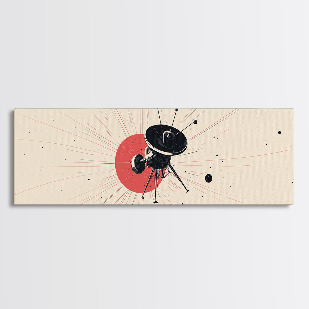 Minimal Black Space Probe Wall Art, Red Sunburst Abstract Satellite Print, Modern Sci Fi Poster, Retro Home Office Decor