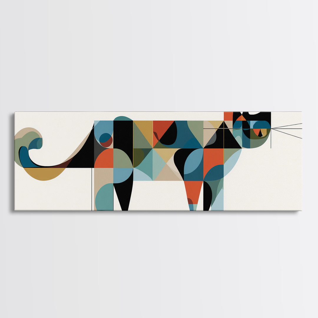 Abstract Mid Century Cat With Geometric Shapes, Canvas Print, Modern Wall Art, Bauhaus Poster, Minimalist Home Decor Print
