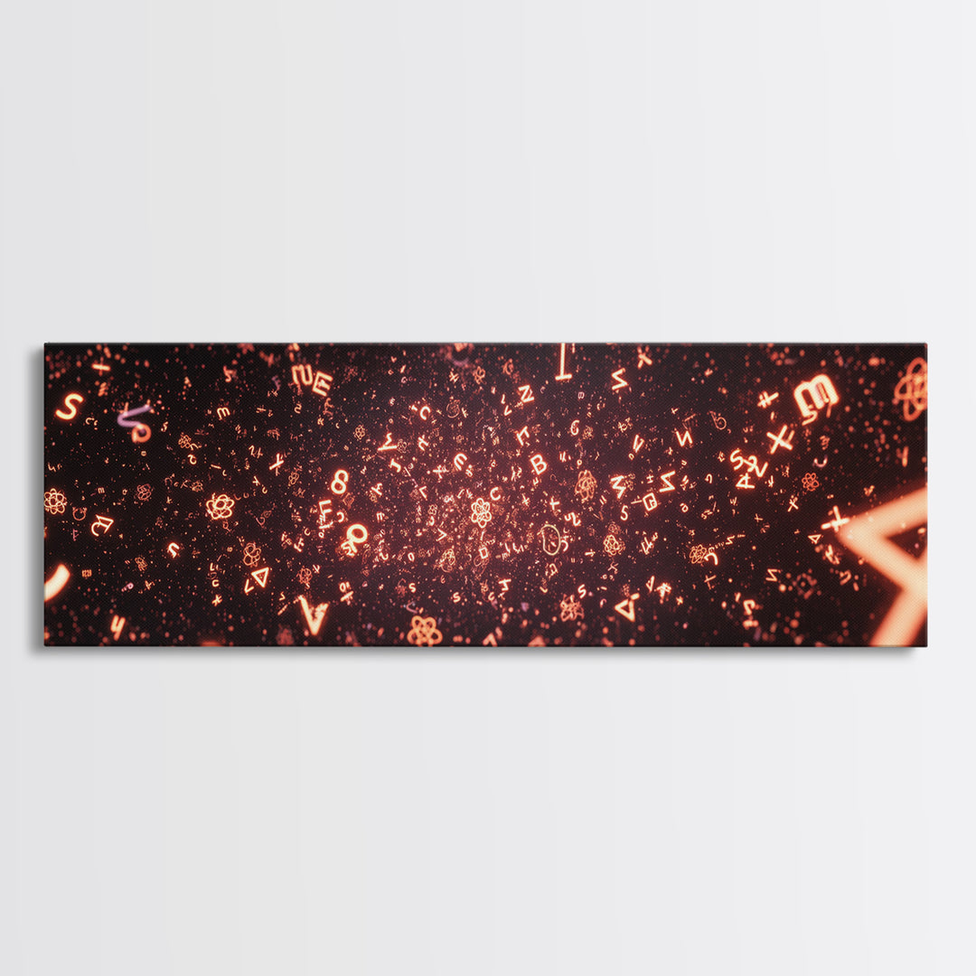 Glowing Orange Symbol Field Wall Art, Abstract Math Particle Poster, Modern Digital Art, Sci Fi Futuristic Office Decor Print