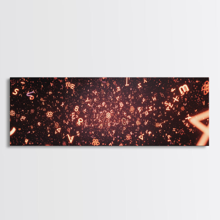 Glowing Orange Symbol Field Wall Art, Abstract Math Particle Poster, Modern Digital Art, Sci Fi Futuristic Office Decor Print