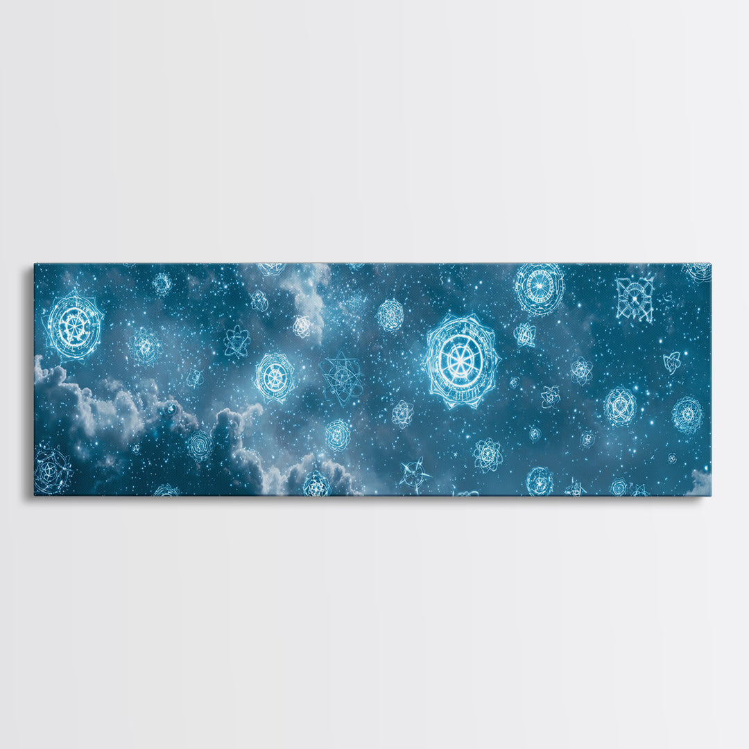 Glowing Teal Celestial Mandala Cloudscape Wall Art, Spiritual Geometric Art Print, Modern Home Decor, Cosmic Sky Poster For Bedroom