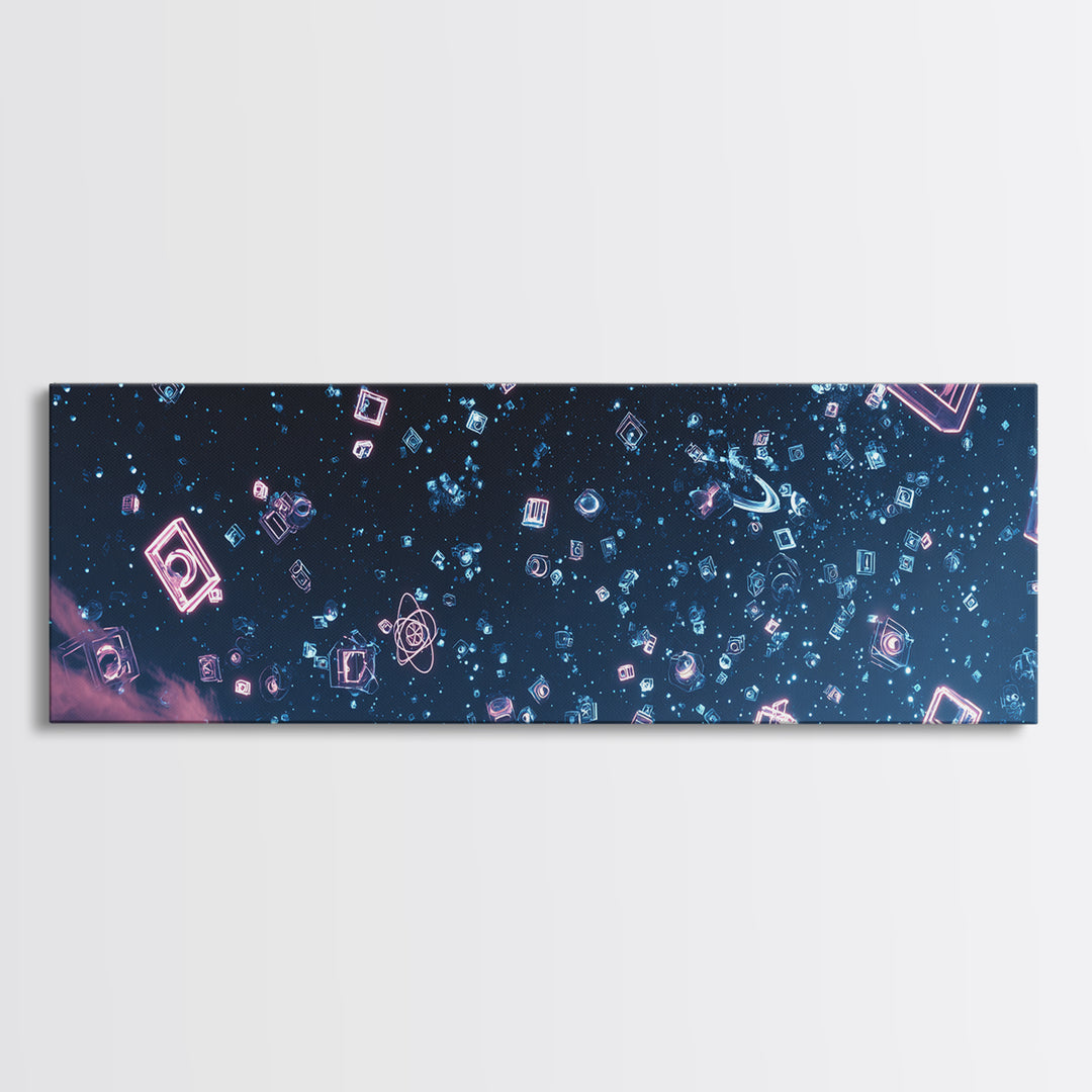 Neon Geometric Shapes Floating In Starry Sky Wall Art, Retro Futuristic Poster, Modern Abstract Art, Blue Pink Decor Print