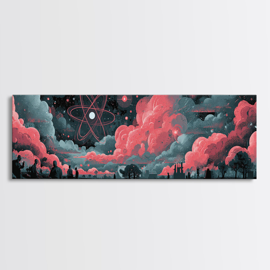 Red Atomic Clouds Over Retro Sci Fi Horizon Wall Art, Midcentury Modern Poster, Space Abstract Art, Moody Office Decor Print