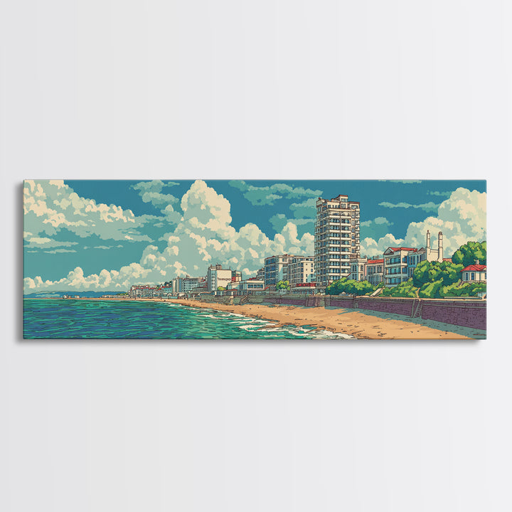 Sunny Coastal City Beach And Turquoise Sea Wall Art, Retro Travel Poster, Midcentury Modern Decor, Ocean Living Room Print