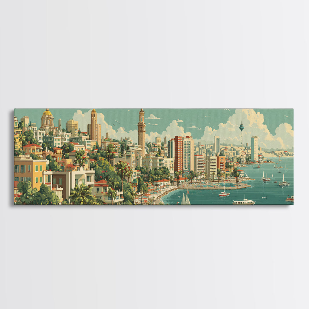 Lush Harbor City Skyline With Boats Canvas Print, Retro Travel Wall Art, Midcentury Modern Decor, Coastal Living Room Poster