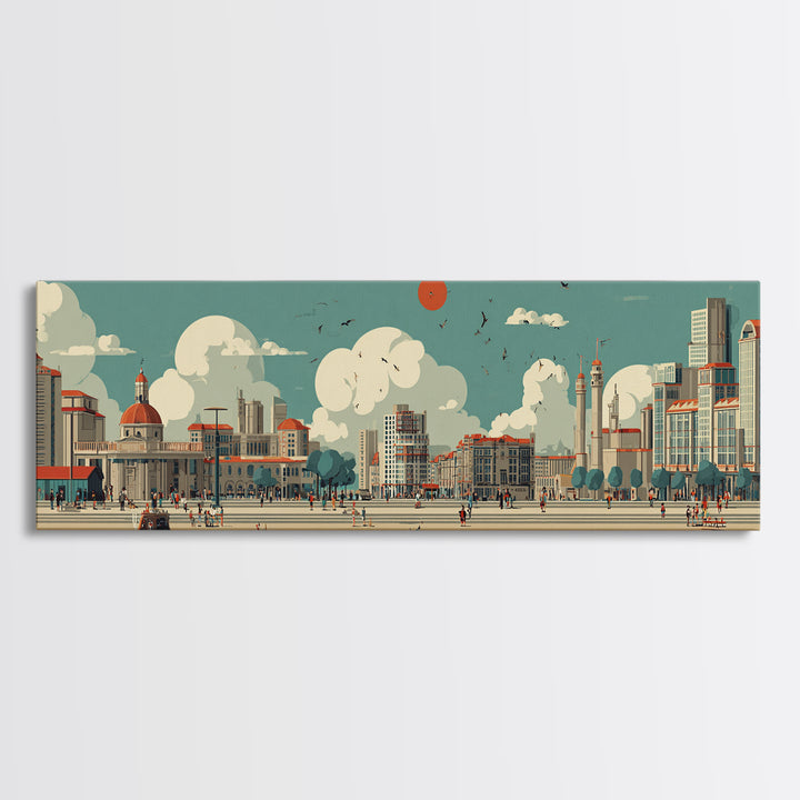 Retro Waterfront Promenade With Red Sun Wall Art, Midcentury Modern City Poster, Coastal Travel Print, Living Room Decor