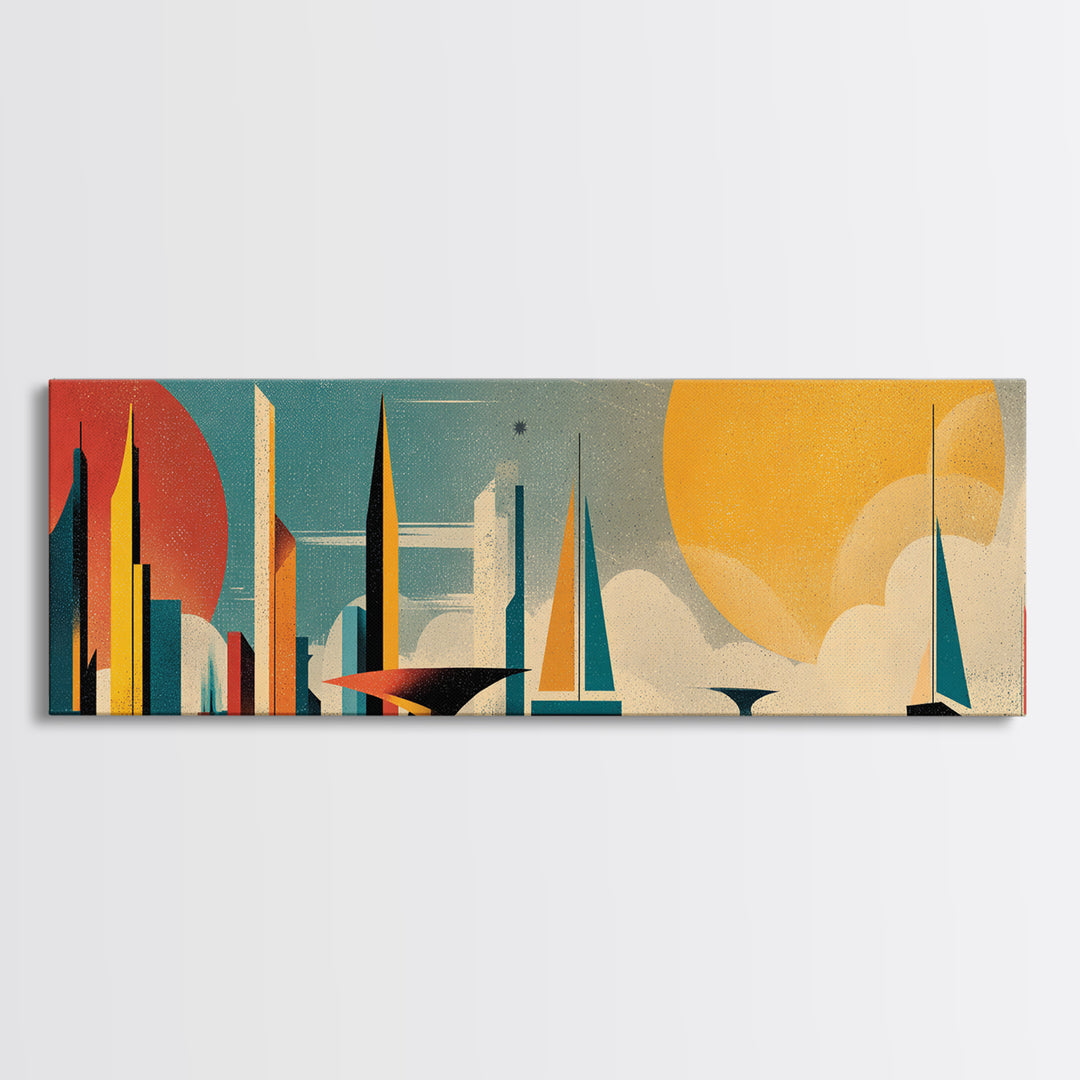 Futuristic Sailboat Skyline With Red And Yellow Suns Wall Art, Midcentury Modern Abstract Poster, Geometric Coastal Decor