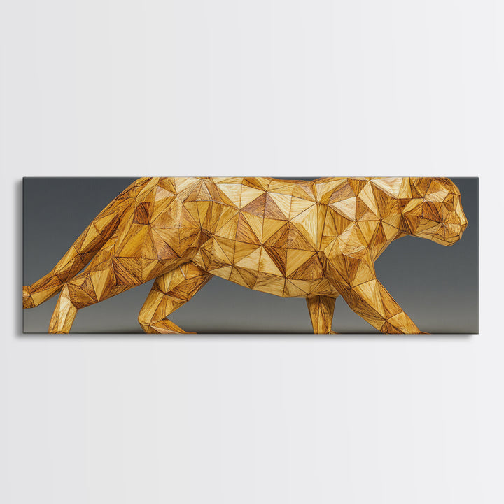 Golden Low Poly Panther Sculpture In Faceted Geometry, Framed Canvas Print, Modern Wall Art, Geometric Animal Decor Statement Poster