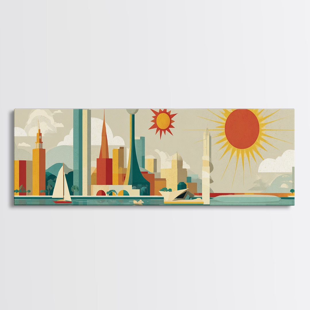 Modern Marina Skyline With Giant Sun Canvas Print, Midcentury Modern Wall Art, Retro Travel Poster, Coastal Home Decor Print