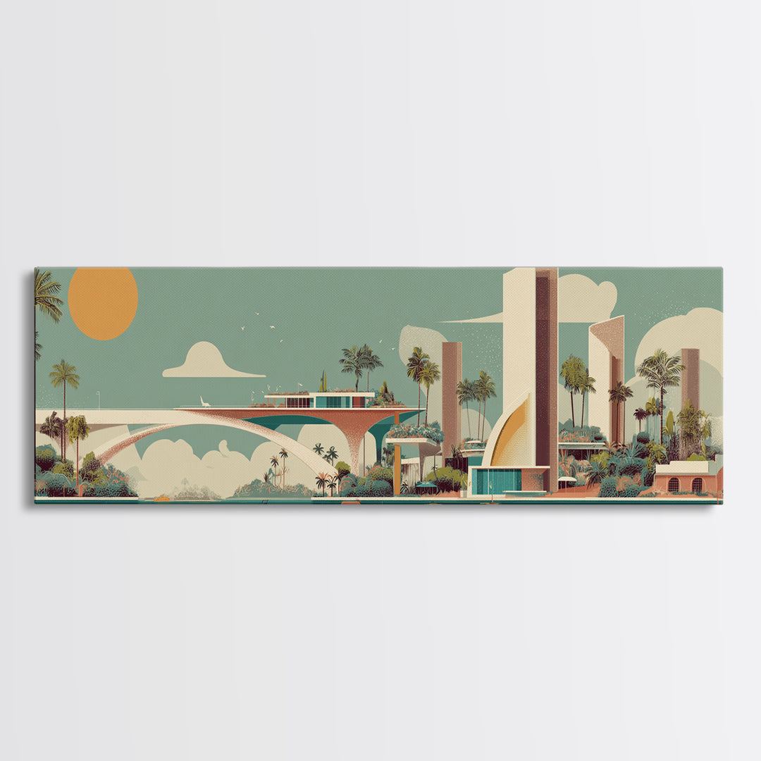 Retro Futurist Palm Springs Marina Wall Art, Mid Century Modern Canvas Print, Atomic Resort Decor, Orange Sun Large Poster