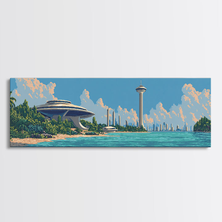 Retro Futuristic Seattle Skyline Large Canvas Print, Space Needle Wall Art, Midcentury Modern Decor, Sci Fi Travel Poster