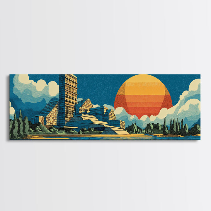 Mountain Lake Modernist Resort Wall Art, Midcentury Modern Canvas Print, Scenic Sunset Landscape, Large Retro Home Decor