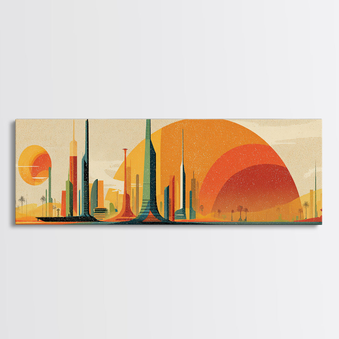 Futuristic Desert Skyline Canvas Print, Mid Century Modern Wall Art, Orange Sun Abstract Cityscape, Retro Sci Fi Poster Decor