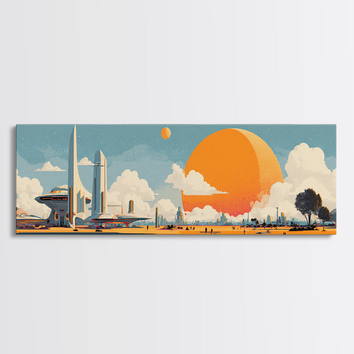Retro Futuristic Expo Skyline Wall Art, Midcentury Modern Canvas Print, Orange Sun Space Age Architecture Large Poster Decor