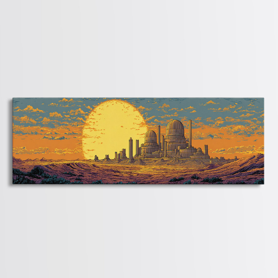 Desert Observatory Sunset Canvas Print, Retro Sci Fi Wall Art, Mid Century Modern Landscape Poster, Orange Astronomy Decor