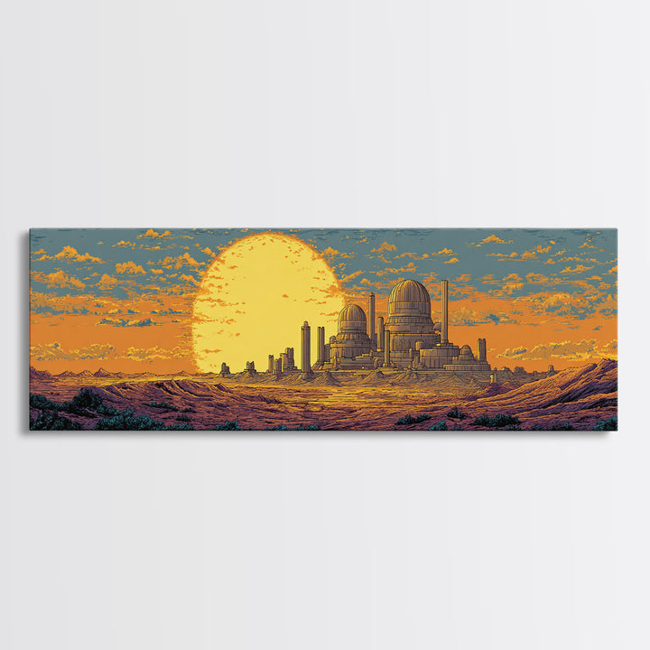 Desert Observatory Sunset Canvas Print, Retro Sci Fi Wall Art, Mid Century Modern Landscape Poster, Orange Astronomy Decor