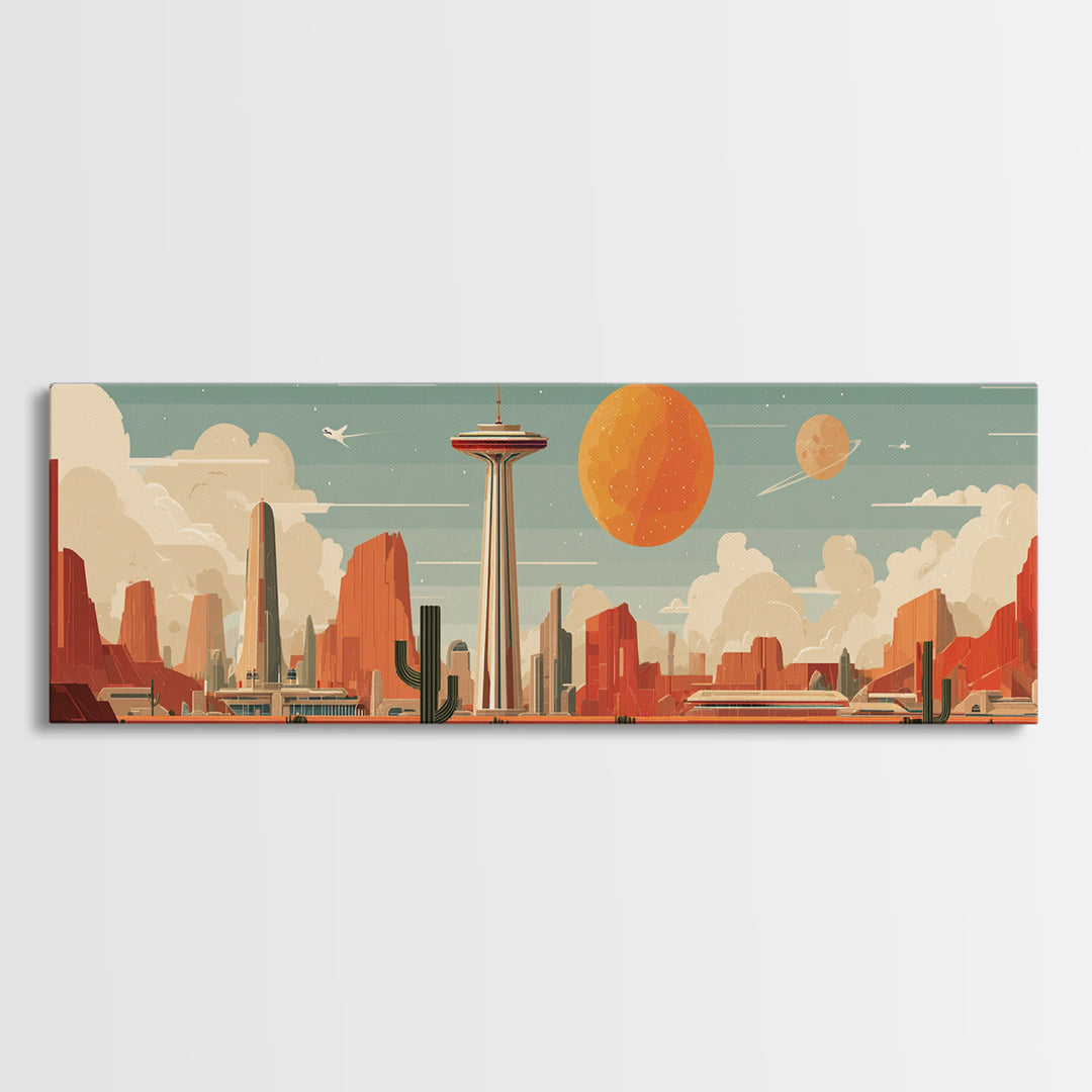 Retro Space Needle Desert Wall Art, Midcentury Modern Canvas Print, Orange Planet Cityscape, Southwestern Sci Fi Poster Decor