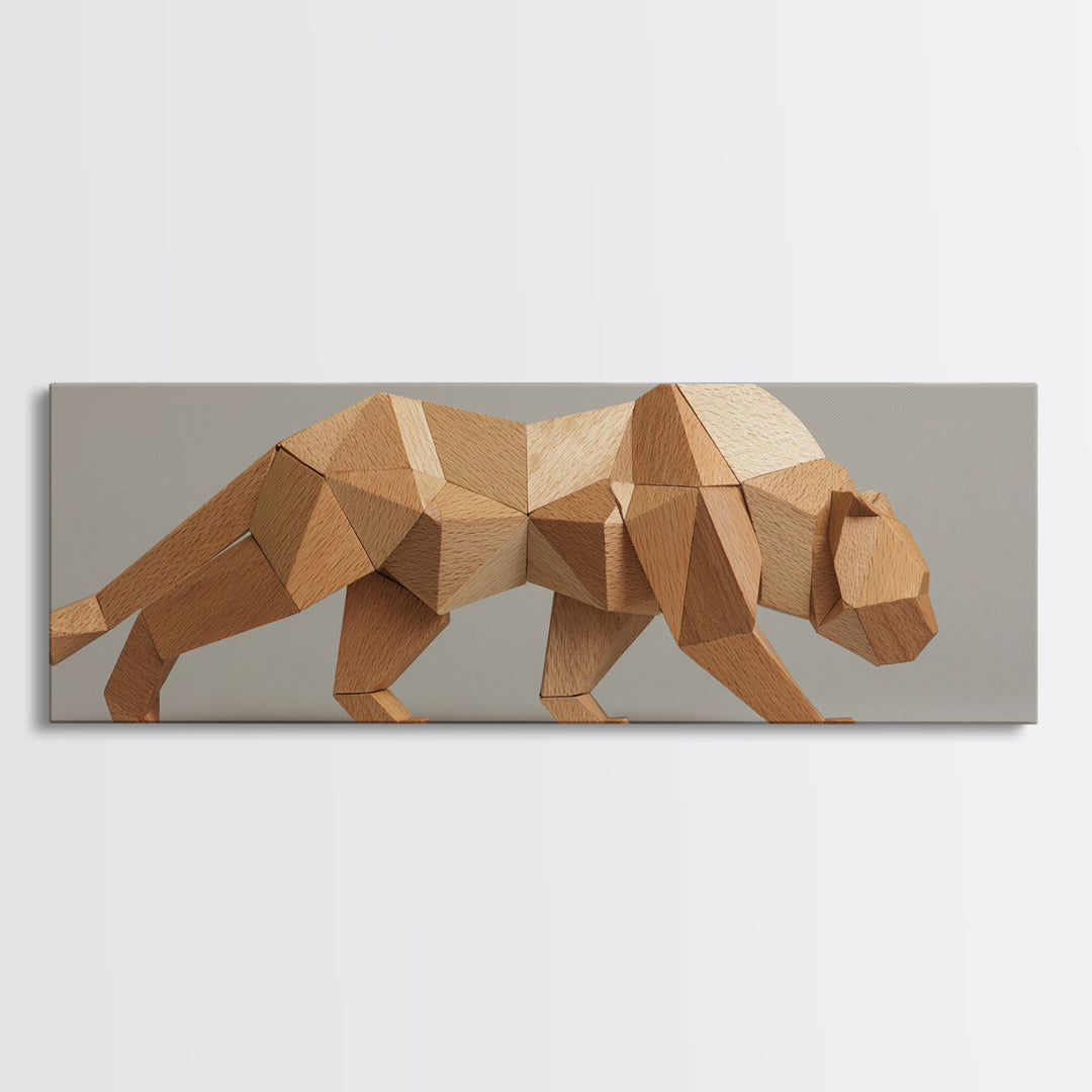 Neutral Low Poly Big Cat Sculpture With Faceted Forms, Canvas Print, Modern Geometric Wall Art, Minimalist Animal Decor Poster