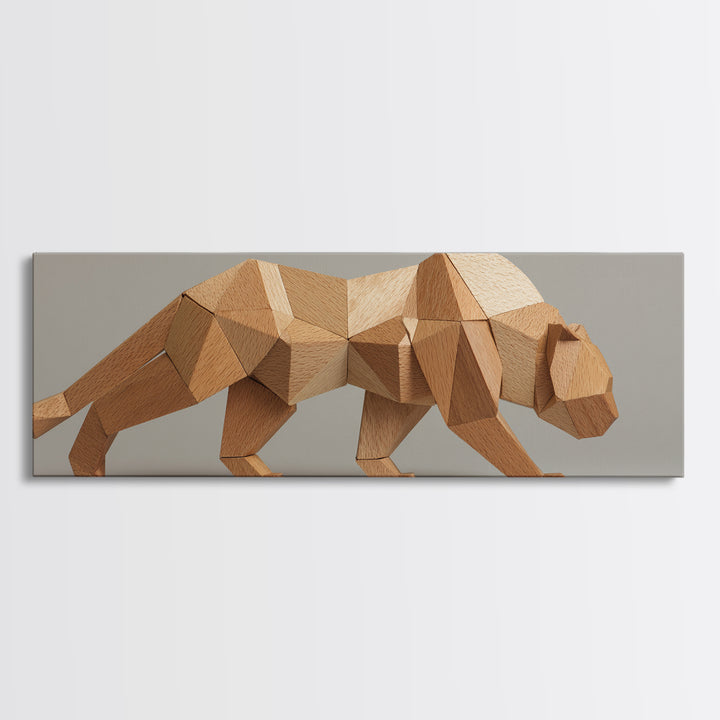 Neutral Low Poly Big Cat Sculpture With Faceted Forms, Canvas Print, Modern Geometric Wall Art, Minimalist Animal Decor Poster
