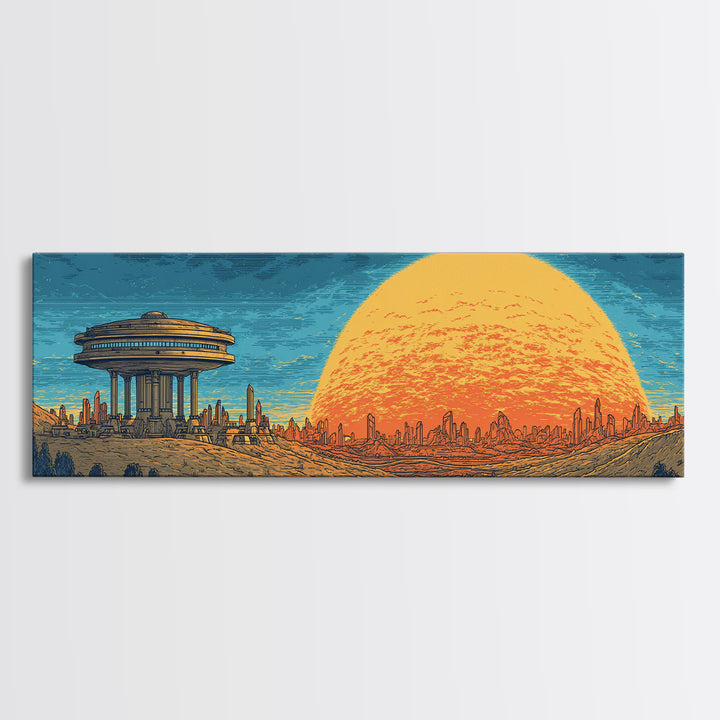Alien Desert City Sunset Wall Art, Retro Futuristic Canvas Print, Mid Century Modern Sci Fi Landscape, Orange Sun Poster Decor