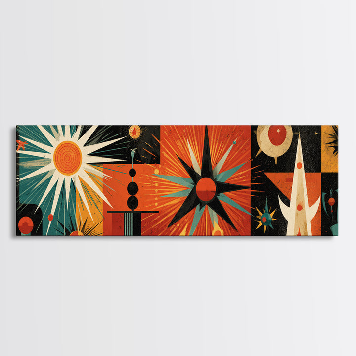 Orange Teal Atomic Sunburst Canvas Print, Midcentury Modern Geometric Space Age Poster, Bold MCM Wall Decor For Office Home