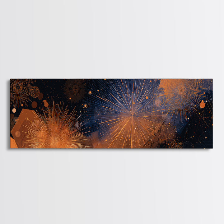 Orange Gold Firework Night Sky Canvas Print, Modern Abstract Celestial Wall Decor, Cosmic Retro Art For Living Room Poster