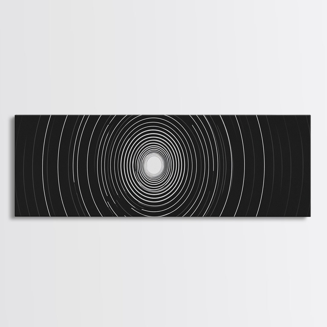 White Light Concentric Circle Canvas Print, Black Modern Op Art Wall Decor, Minimal Geometric Poster For Home Office Space