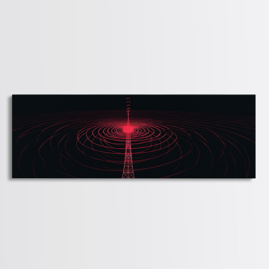 Red Radio Tower With Concentric Signal Rings Wall Art, Futuristic Retro Abstract Print, Modern Wall Decor, Large Sci Fi Retro Art