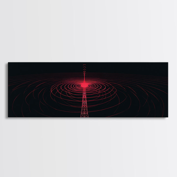 Red Radio Tower With Concentric Signal Rings Wall Art, Futuristic Retro Abstract Print, Modern Wall Decor, Large Sci Fi Retro Art