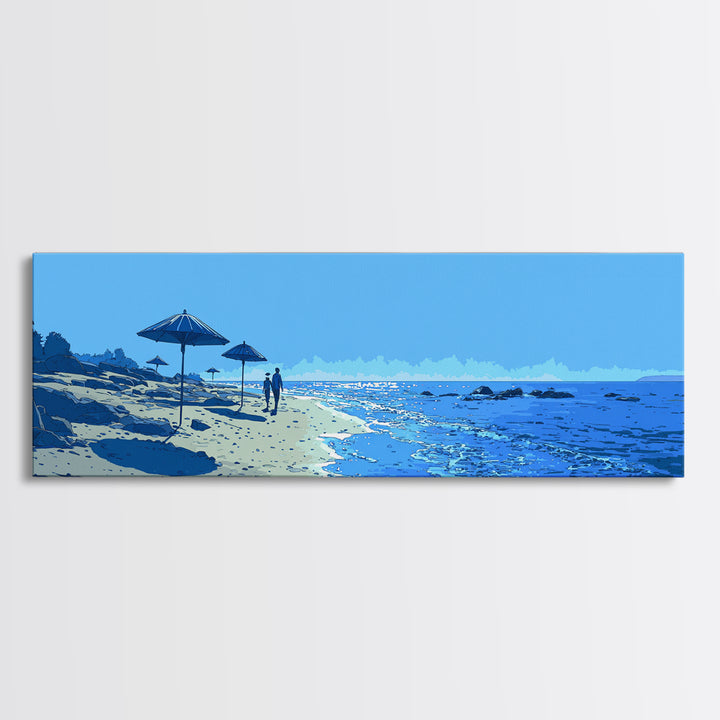 Blue Seaside Beach With Umbrellas Wall Art, Coastal Landscape Print, Modern Wall Decor, Beach House Decor, Travel Poster Art