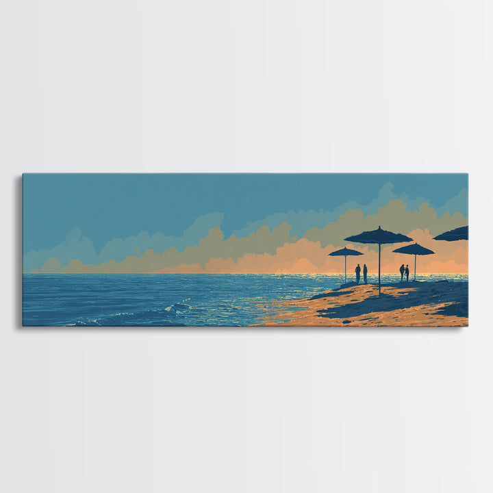 Orange Sunset Beach Umbrellas Framed Canvas Print, Coastal Wall Art, Modern Wall Decor, Tropical Landscape, Beach House Decor