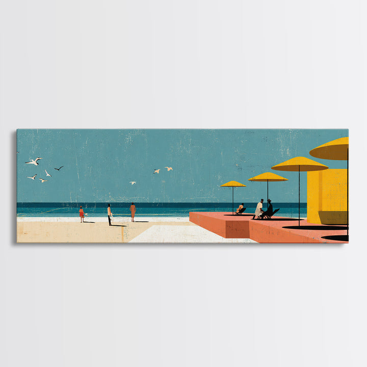 Yellow Umbrellas On Pink Seaside Terrace Canvas Print, Coastal Wall Art, Modern Wall Decor, Retro Travel Poster, Colorful Art