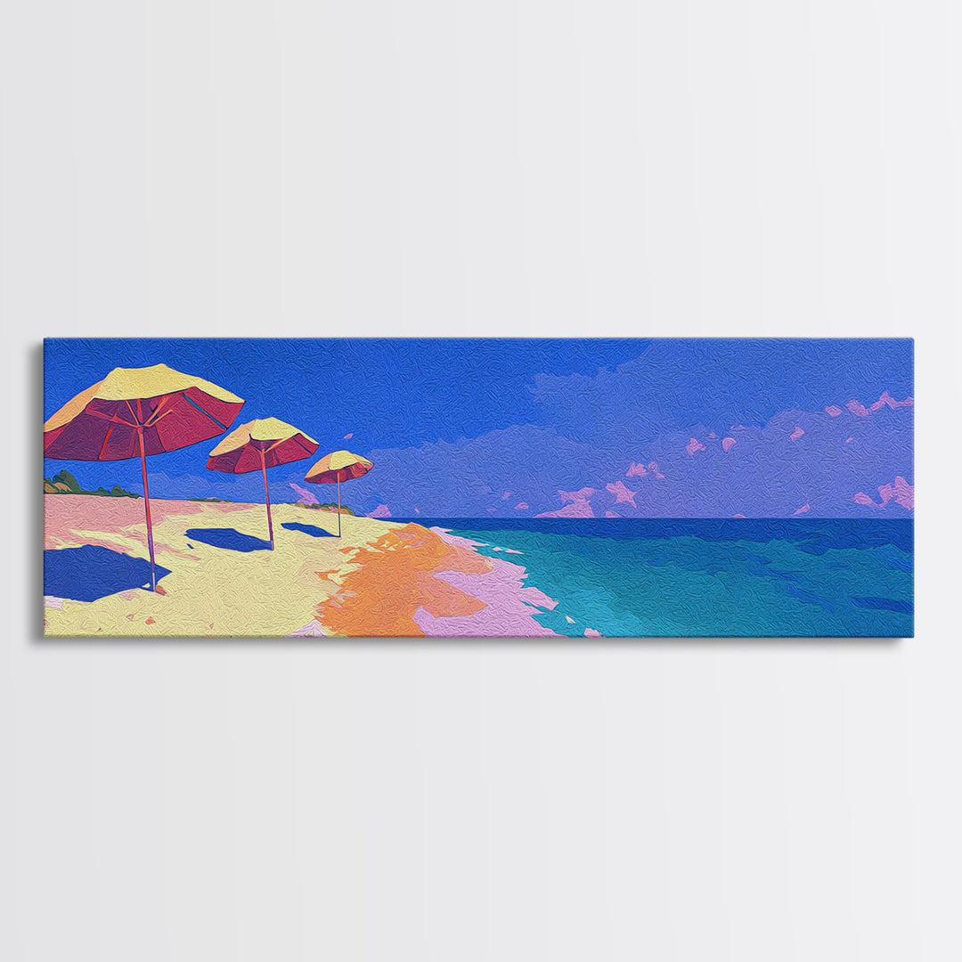 Vibrant Ocean Beach With Umbrellas Canvas Print, Coastal Wall Decor, Retro Travel Poster, Modern Art Print For Summer Home