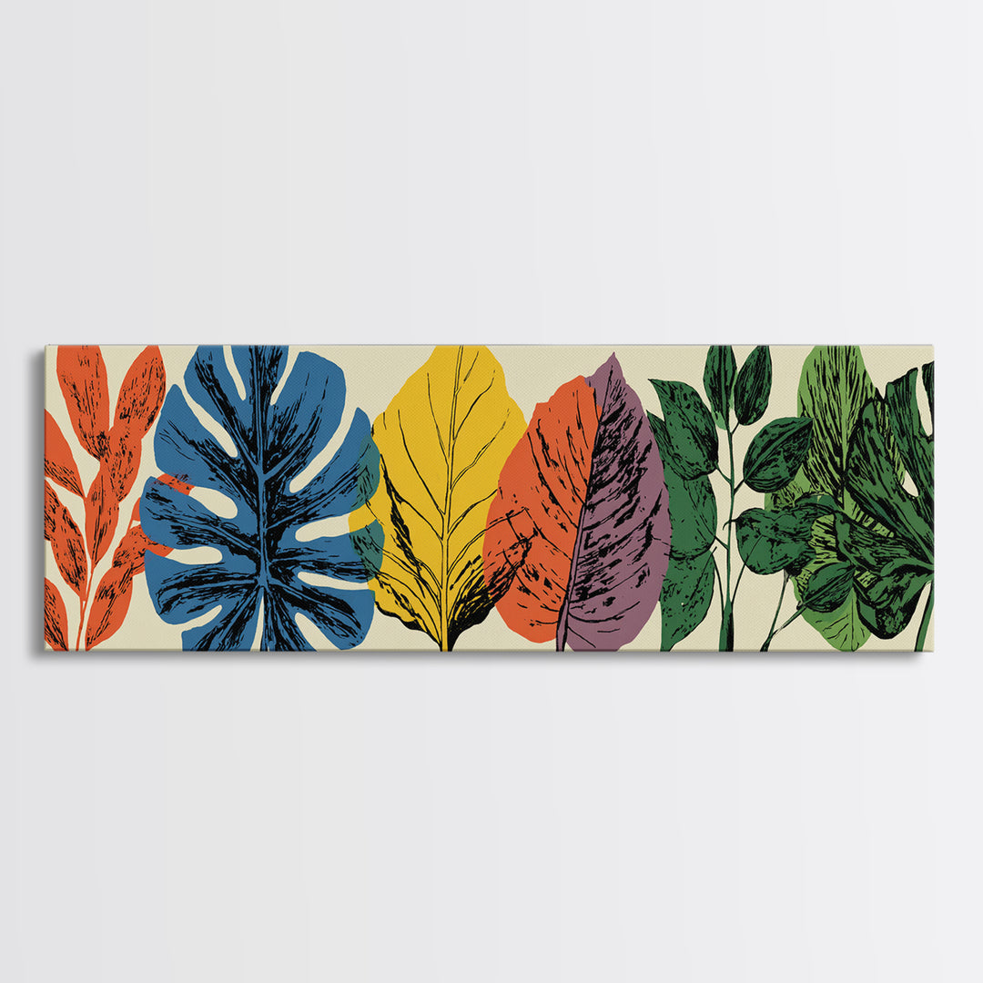 Colorful Tropical Leaf Row Framed Canvas Print, Midcentury Modern Botanical Wall Art, Retro Home Decor, Bold Nature Poster