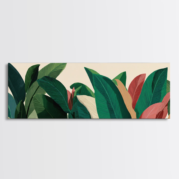Deep Green Tropical Foliage With Coral Leaves Canvas Print, Botanical Wall Art, Midcentury Modern Decor, Boho Home Poster