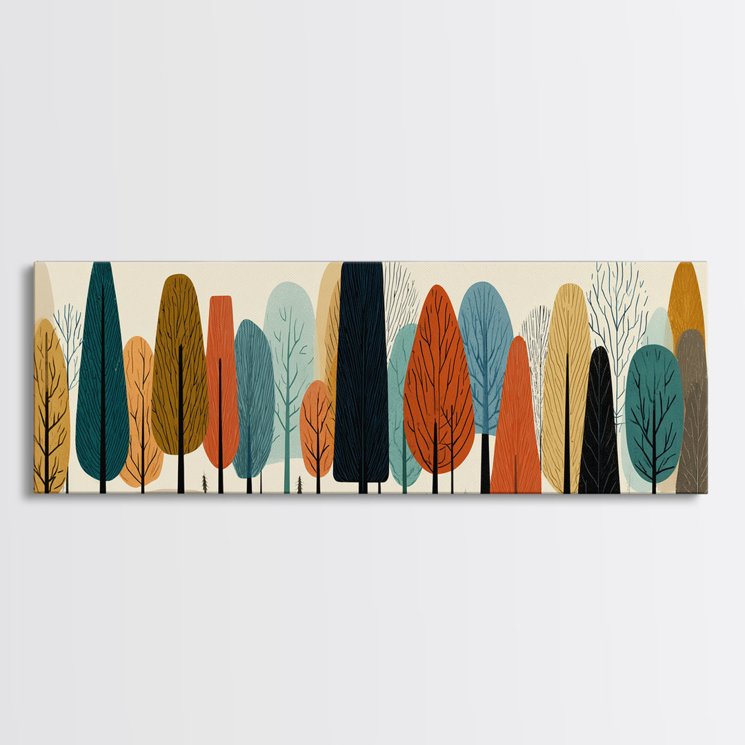 Stylized Autumn Trees In Earth Tones Canvas Print, Midcentury Modern Landscape Wall Art, Retro Forest Decor, Nordic Poster