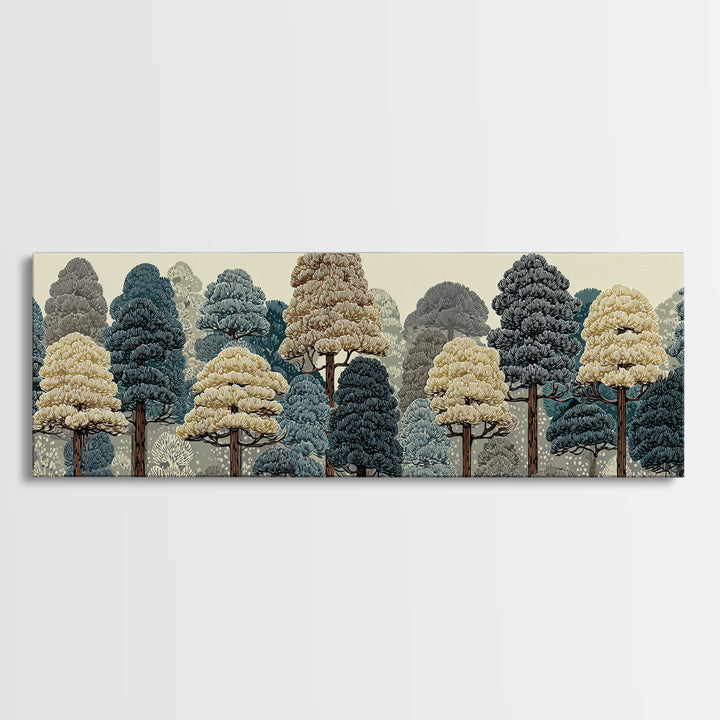 Layered Woodland Trees In Blue And Cream Wall Art, Scenic Nature Print, Midcentury Modern Decor, Large Rustic Forest Poster