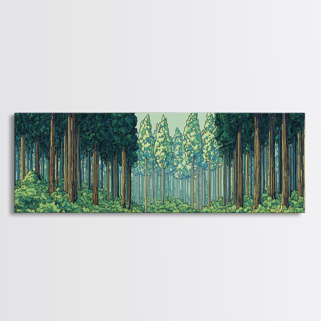 Emerald Forest Path With Tall Pines Framed Canvas Print, Nature Wall Art, Modern Home Decor, Green Scenic Woodland Poster