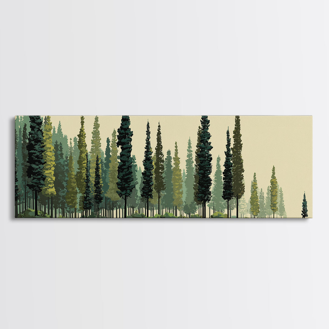 Misty Evergreen Forest Panorama Wall Art, Midcentury Modern Landscape Print, Nature Wall Decor, Large Canvas Cabin Artwork