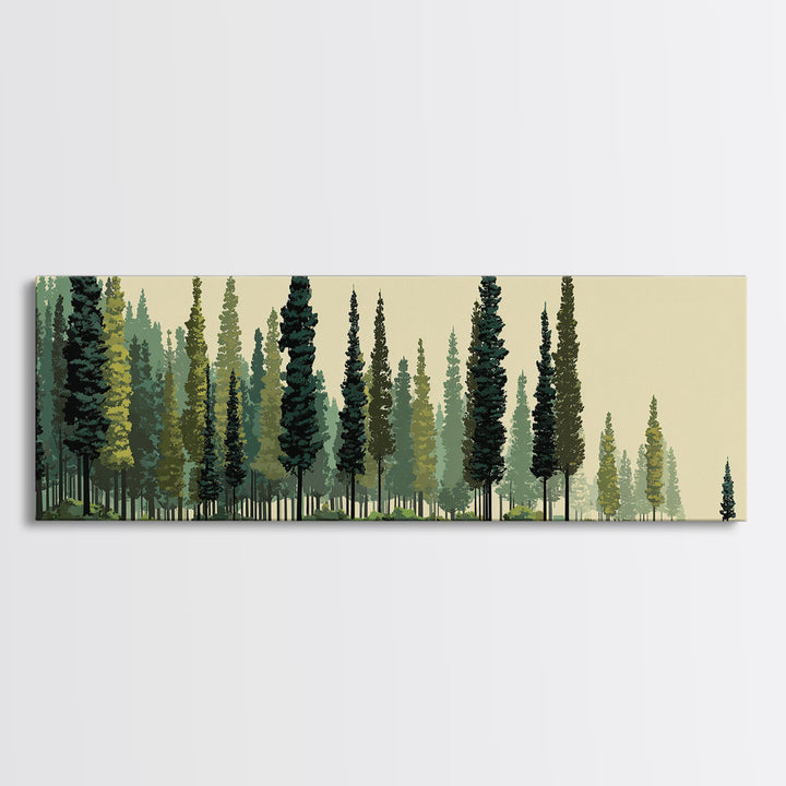 Misty Evergreen Forest Panorama Wall Art, Midcentury Modern Landscape Print, Nature Wall Decor, Large Canvas Cabin Artwork