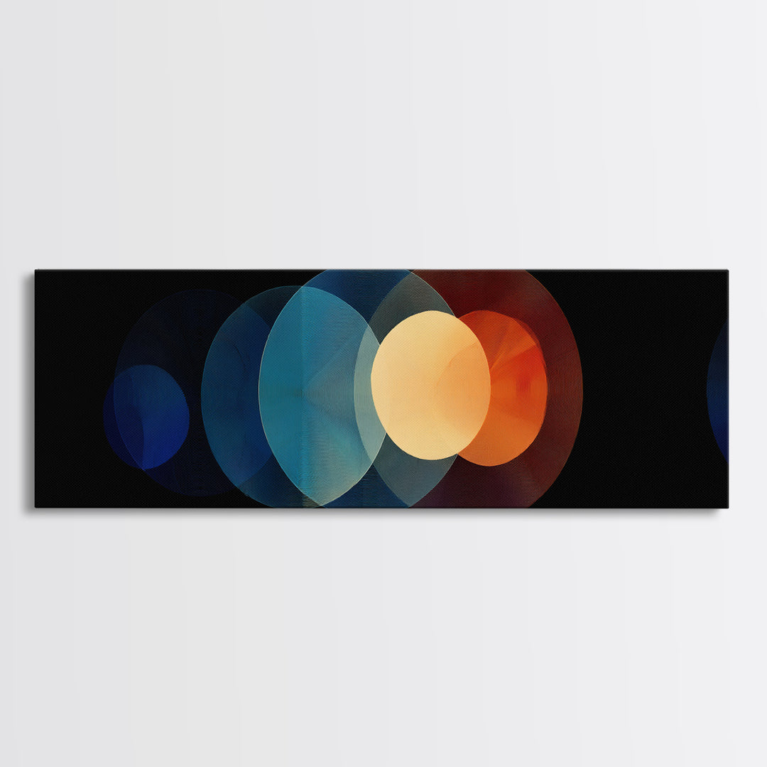 Overlapping Retro Circle Abstract Wall Art, Midcentury Modern Geometric Print, Orange Blue Black Decor, Atomic Canvas Art