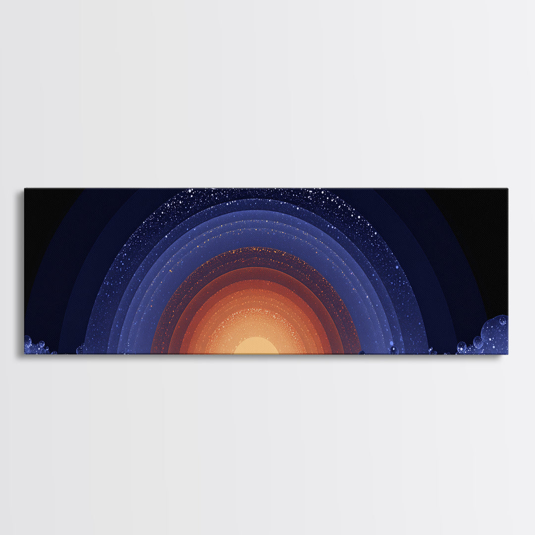 Starry Cosmic Sunrise Arc Wall Art, Midcentury Modern Space Abstract Print, Orange Blue Galaxy Decor, Retro Canvas Poster