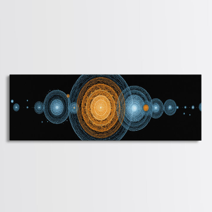 Planetary Orbit Circle Canvas Print, Midcentury Modern Space Wall Art, Blue Orange Geometric Decor, Atomic Abstract Poster