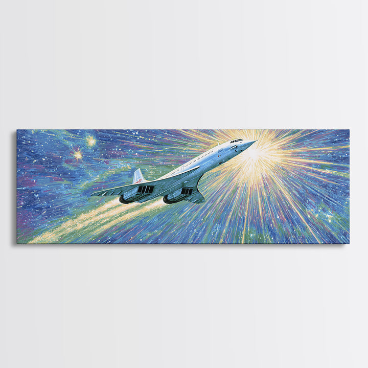 Supersonic Jet In Cosmic Starburst Canvas Print, Retro Sci Fi Wall Decor, Midcentury Modern Art, Space Poster Gift, Home Office Decor