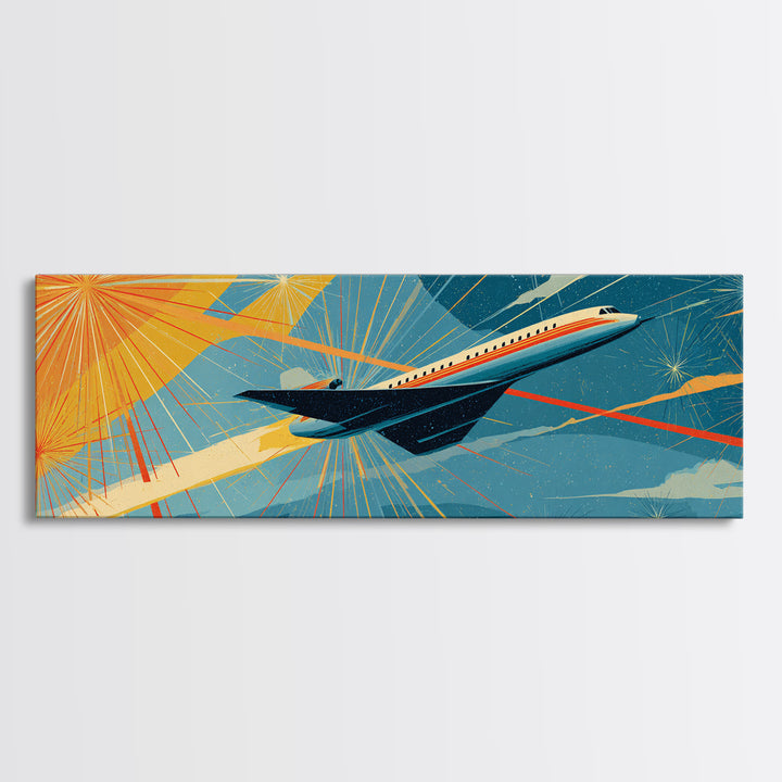 Jetliner Over Geometric Sunburst Canvas Print, Midcentury Modern Wall Decor, Retro Travel Poster, Atomic Aviation Art Gift