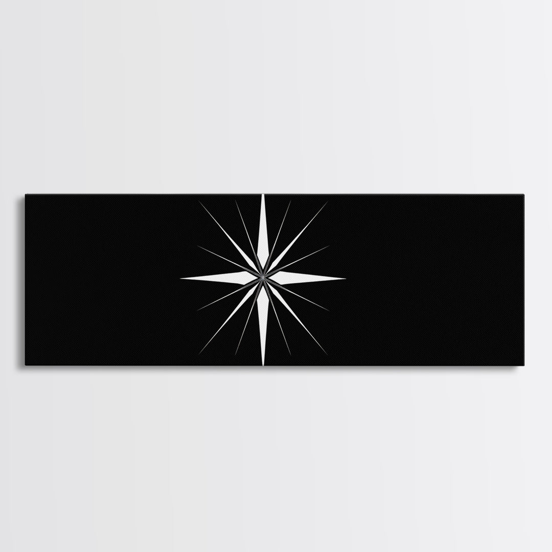 White Atomic Starburst On Black Wall Art, Midcentury Modern Geometric Print, Minimalist Retro Wall Decor, MCM Home Office Art